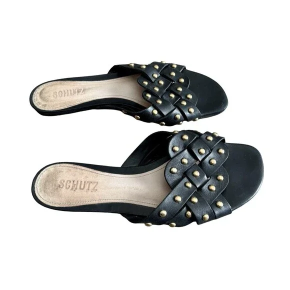 Schutz Womens Betisa Black Open-Toe Studded Slip-On Slide Sandals Size 8.5B - Picture 2 of 7